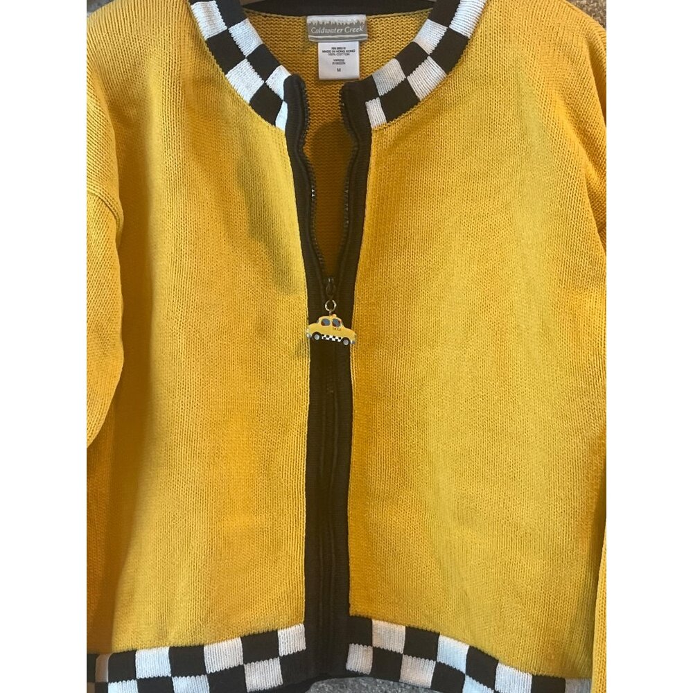Coldwater Creek Yellow Knit Zip Cardigan With Taxi Charm & Checkerboard Trim M T - Picture 6 of 6
